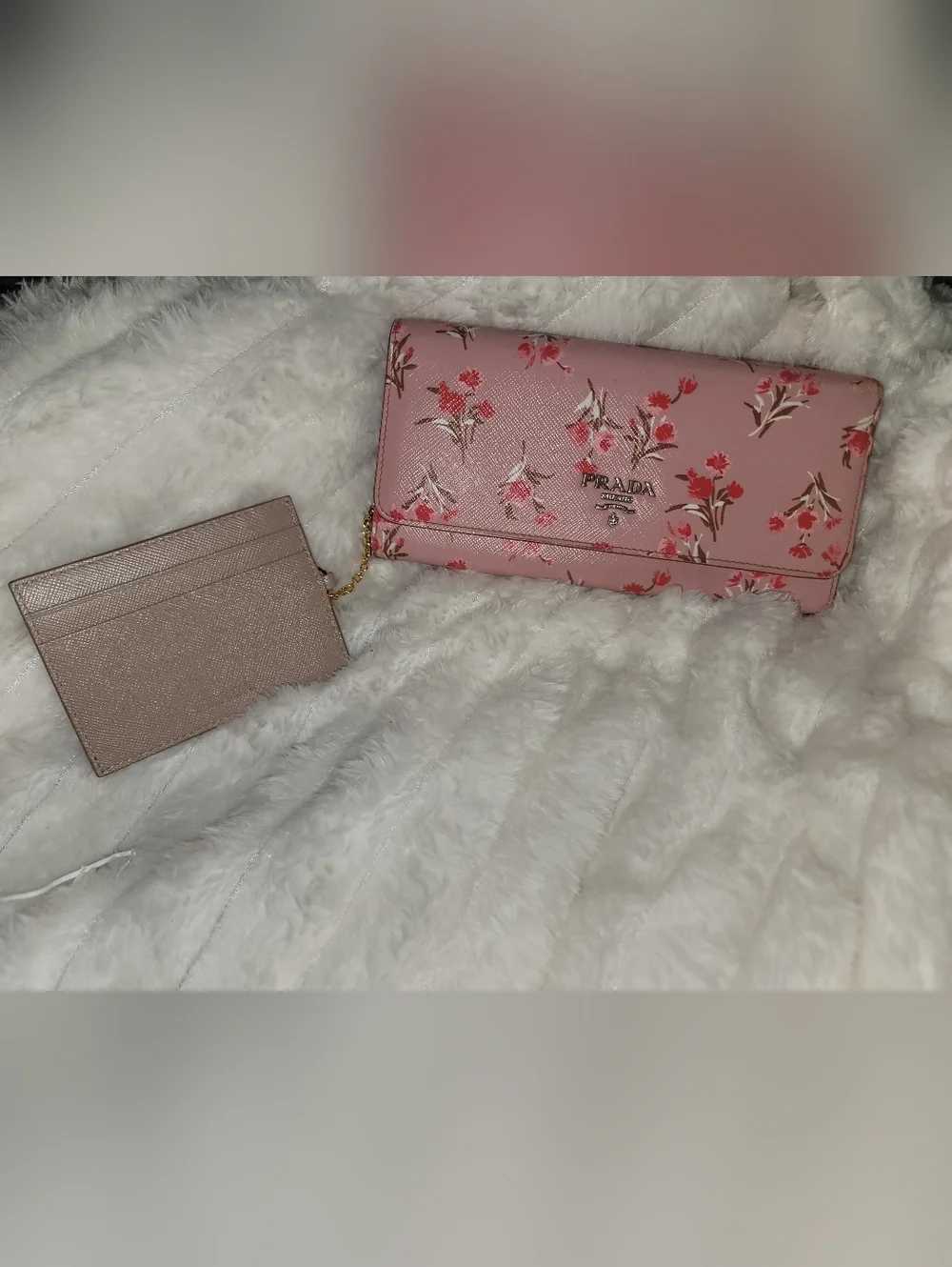 Prada Floral Continental Wallet made from pink Saffiano leather